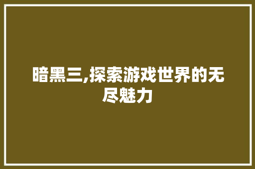 暗黑三,探索游戏世界的无尽魅力