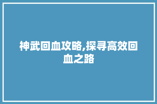 神武回血攻略,探寻高效回血之路 神武回血攻略,探寻高效回血之路