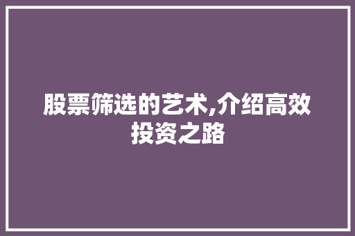 股票筛选的艺术,介绍高效投资之路 股票筛选的艺术,介绍高效投资之路