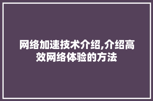 网络加速技术介绍,介绍高效网络体验的方法