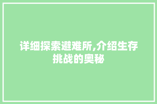详细探索避难所,介绍生存挑战的奥秘 网络技术