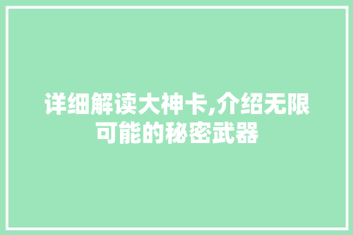详细解读大神卡,介绍无限可能的秘密武器 电脑配置