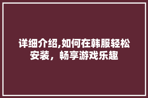 详细介绍,如何在韩服轻松安装，畅享游戏乐趣