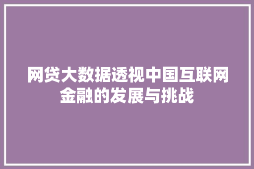 网贷大数据透视中国互联网金融的发展与挑战
