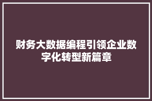 财务大数据编程引领企业数字化转型新篇章