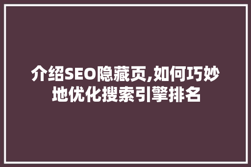 介绍SEO隐藏页,如何巧妙地优化搜索引擎排名 电脑基础