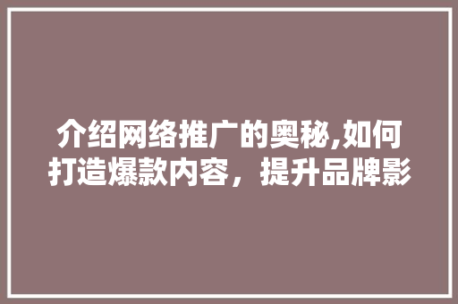 介绍网络推广的奥秘,如何打造爆款内容，提升品牌影响力