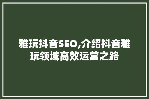 雅玩抖音SEO,介绍抖音雅玩领域高效运营之路 雅玩抖音SEO,介绍抖音雅玩领域高效运营之路