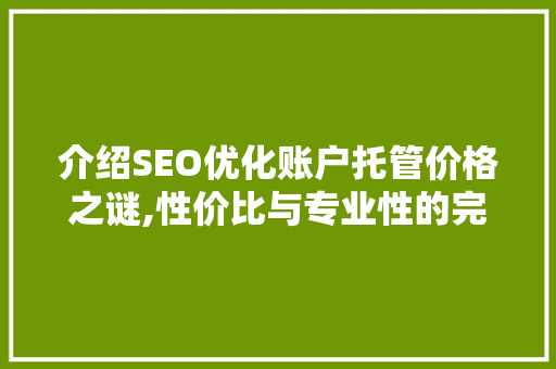 介绍SEO优化账户托管价格之谜,性价比与专业性的完美结合
