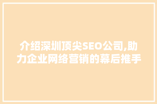 介绍深圳顶尖SEO公司,助力企业网络营销的幕后推手