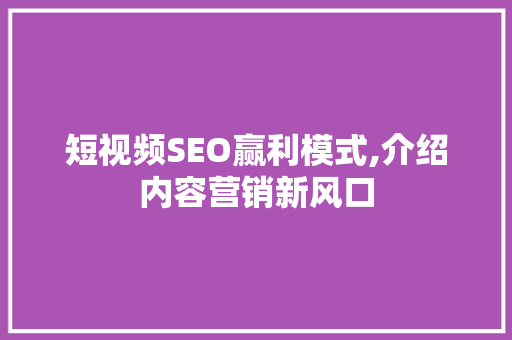 短视频SEO赢利模式,介绍内容营销新风口