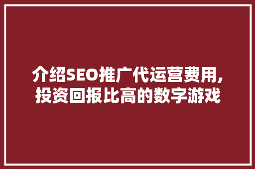 介绍SEO推广代运营费用,投资回报比高的数字游戏 网络技术