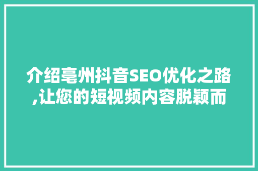 介绍亳州抖音SEO优化之路,让您的短视频内容脱颖而出