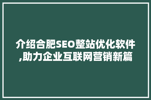 介绍合肥SEO整站优化软件,助力企业互联网营销新篇章 介绍合肥SEO整站优化软件,助力企业互联网营销新篇章