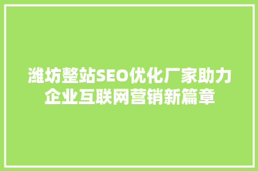 潍坊整站SEO优化厂家助力企业互联网营销新篇章