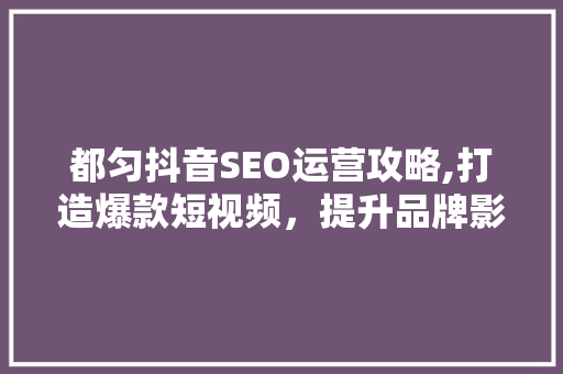 都匀抖音SEO运营攻略,打造爆款短视频，提升品牌影响力