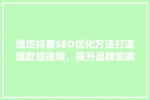 潍坊抖音SEO优化方法打造爆款短视频，提升品牌影响力